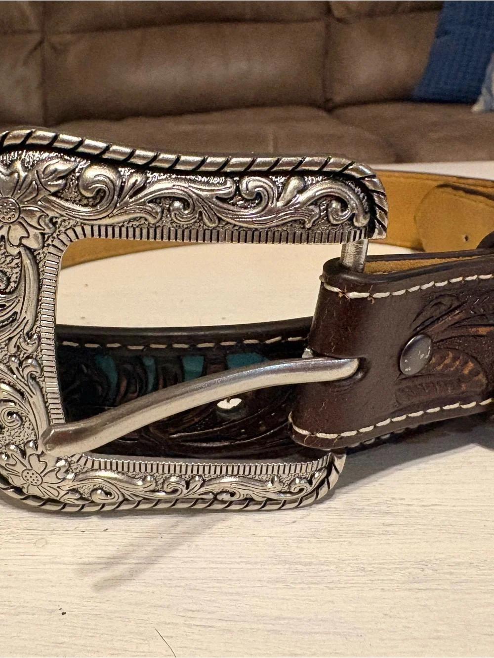 Brown Leather Belt with Ornate Silver Buckle